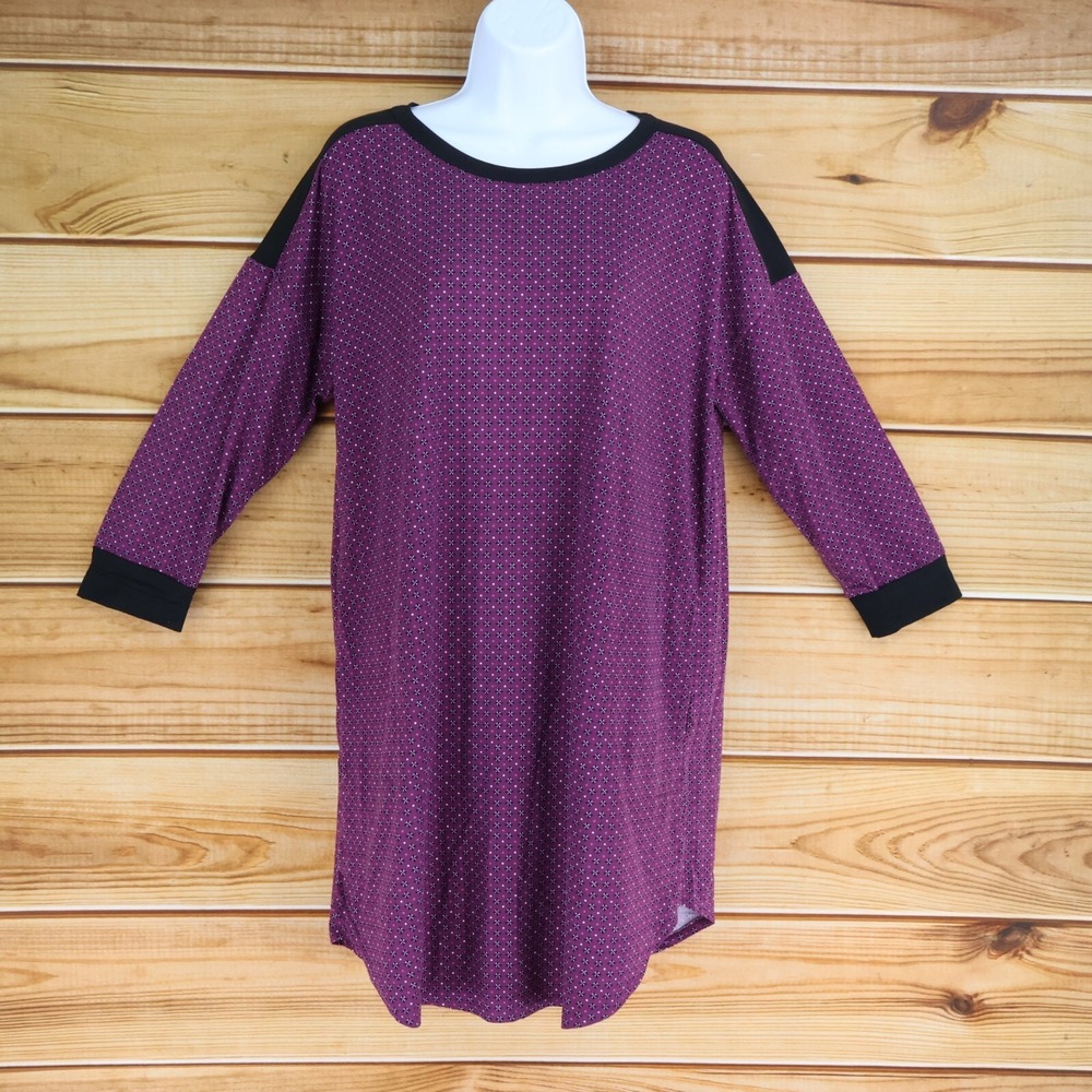 Simply Vera Vera Wang 3/4 Sleeve Shirt Dress Womens M Purple Floral Pockets Soft
